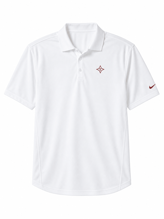 A white short-sleeve polo shirt with a small red silicone logo on the left chest and a red Nike swoosh on the right sleeve, shown against a plain white background.