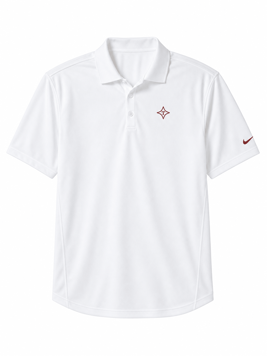 A white short-sleeve polo shirt with a small red silicone logo on the left chest and a red Nike swoosh on the right sleeve, shown against a plain white background.
