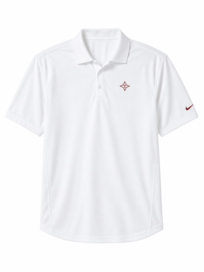 A white short-sleeve polo shirt with a small red silicone logo on the left chest and a red Nike swoosh on the right sleeve, shown against a plain white background.