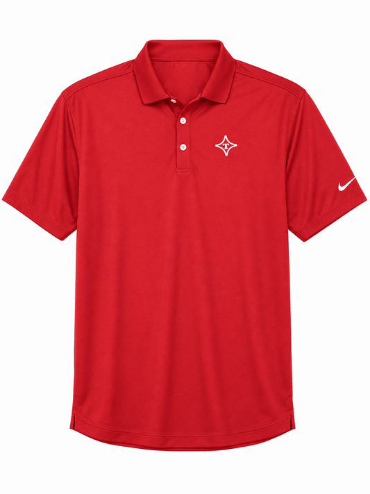 A red short-sleeve polo shirt with a white silicone patch logo on the left chest and a white swoosh on the right sleeve, shown against a plain white background.