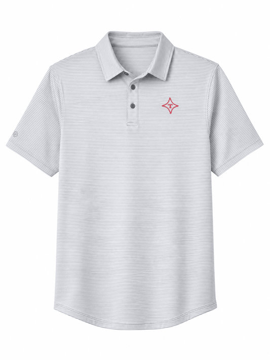 A short-sleeve polo shirt with fine horizontal gray and white stripes, featuring a three-button placket and a small red silicone logo on the left chest, displayed on a solid white background.