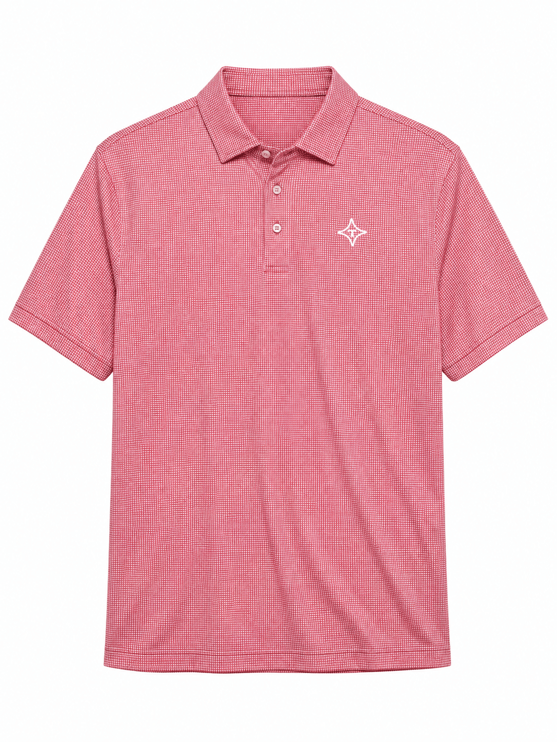 A short-sleeve polo shirt in a fine micro-checkered pattern of pink and white, featuring a small white embroidered logo on the left chest, displayed on a clean white background.
