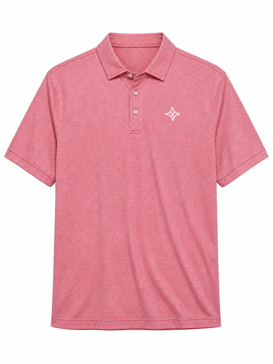 A short-sleeve polo shirt in a fine micro-checkered pattern of pink and white, featuring a small white embroidered logo on the left chest, displayed on a clean white background.
